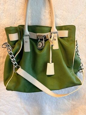 Michael Kors Green and Cream Leather Tote with Chain-Trim